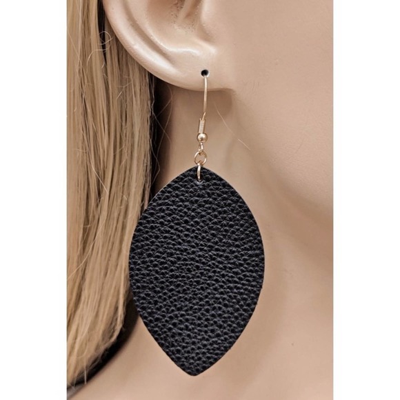 Black Faux Leather Leaf Earrings - Picture 2 of 2